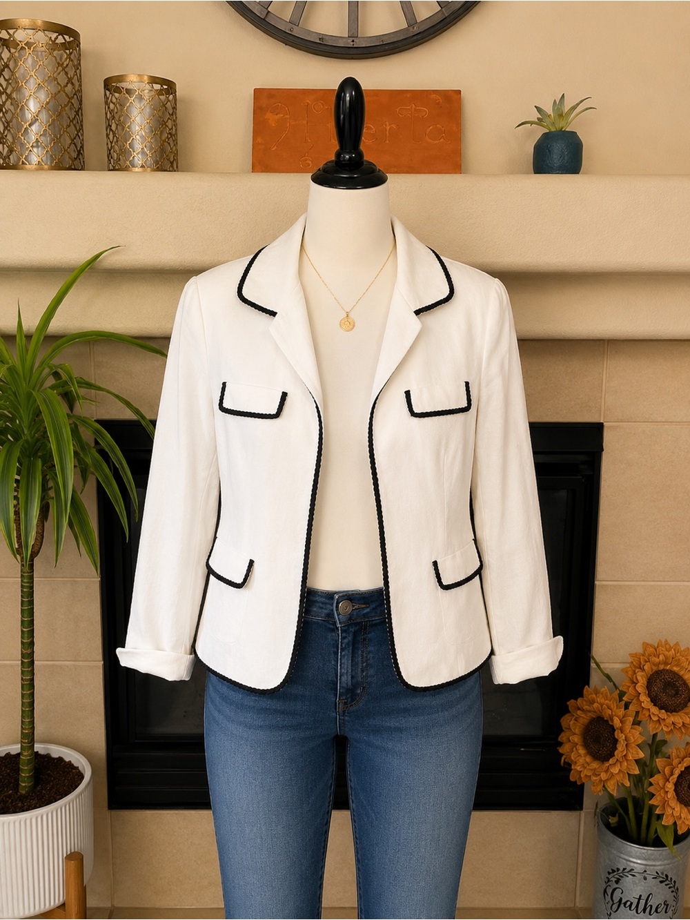 Tahari Studio White Open Front Blazer Jacket Black Trim Womens 8